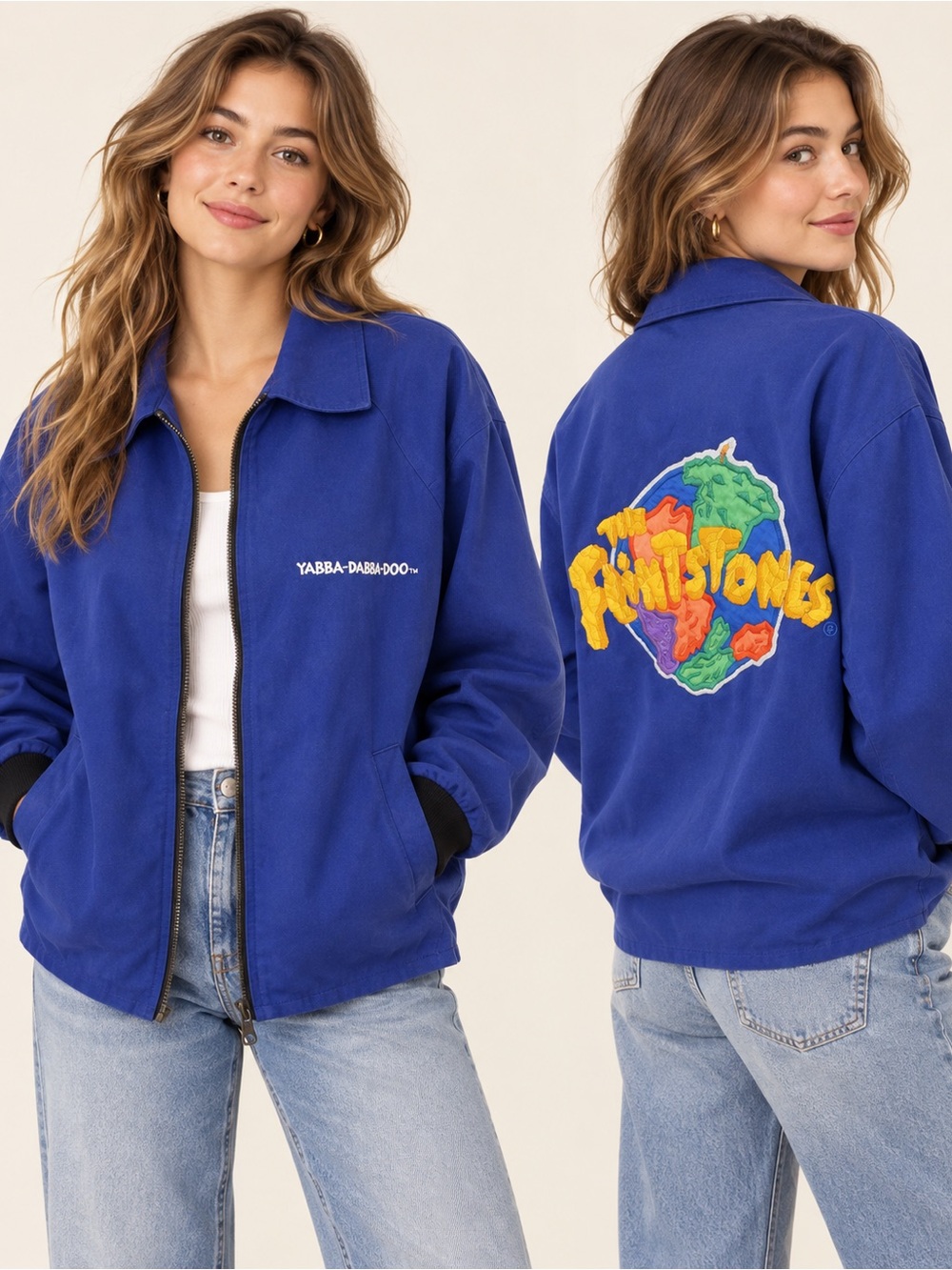 Vintage 90s The Flintstones Identity Inc Blue Embroidered Jacket Made USA